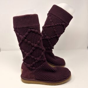 UGG Classic Cable Knit Tall Boots Burgundy Womens 6 Sheepskin Lined